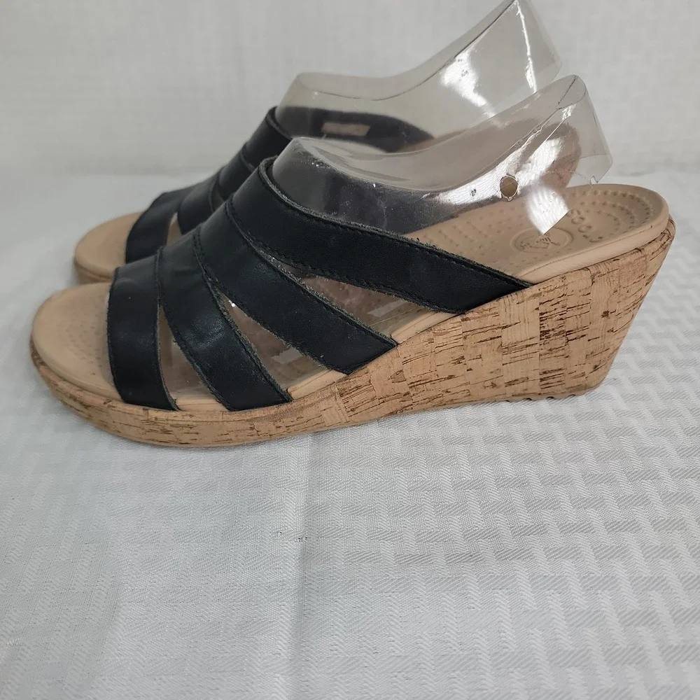 Crocs Womens 9 A Leigh Wedge Sandals Black Leather Cork Platform Slip On